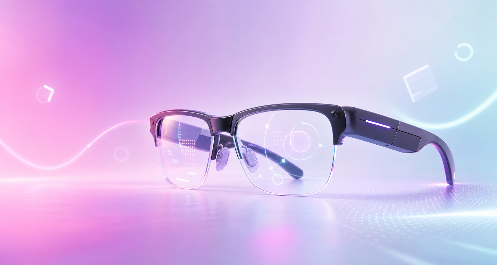Stylized 3D smart glasses with violet and pink augmented reality accents